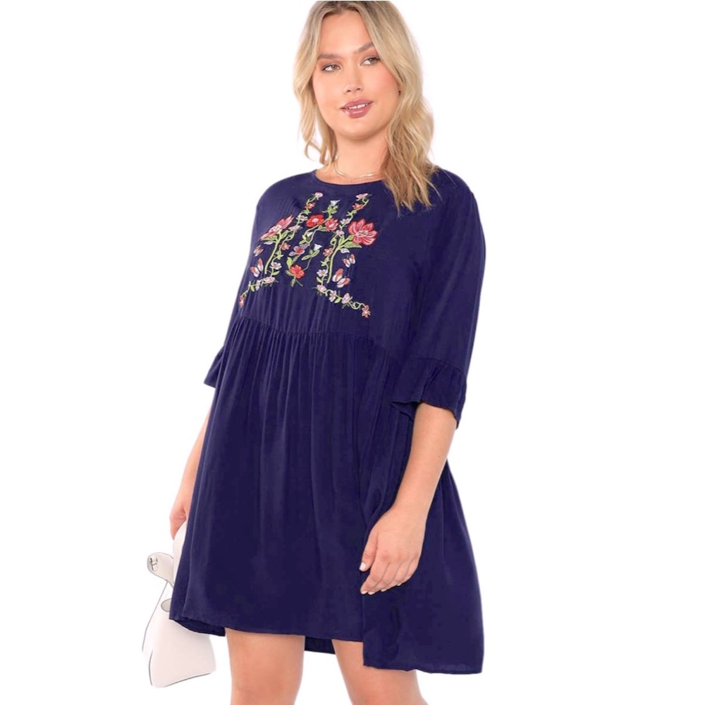 ROMWE Plus size Boho Embroidered Floral Ruffle Sleeve Dress NWOT